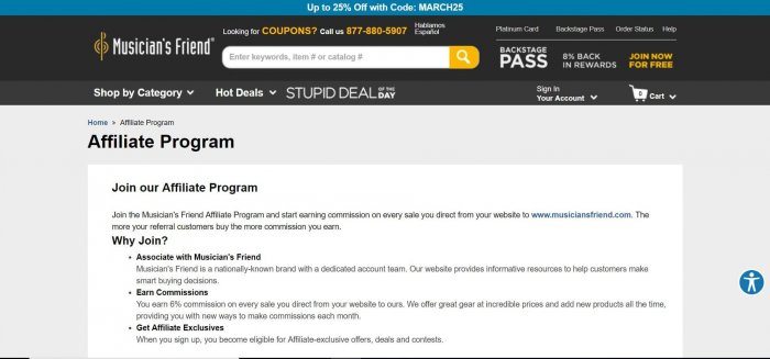 screenshot of the affiliate sign up page for Musician's Friend