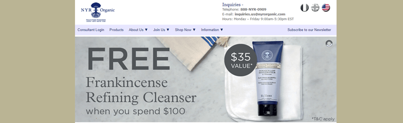 NYR Organic website screenshot showing an image of the company’s Frankincense Refining Cleanser. 