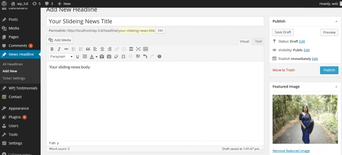 News Headline Ticker | One More Cup of Coffee The plugin's news editor with fields for the headline and the body text.