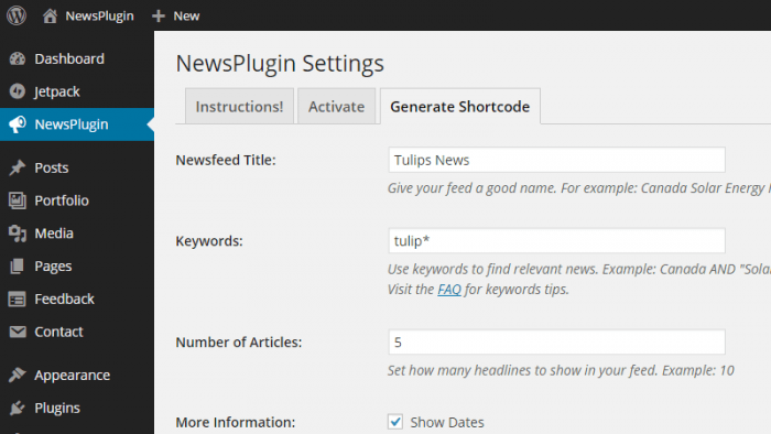 NewsPlugin | One More Cup of Coffee The NewsPlugin settings tab open on the general shortcode settings. It shows fields for the newsfeed title, keywords, number of articles, etc.