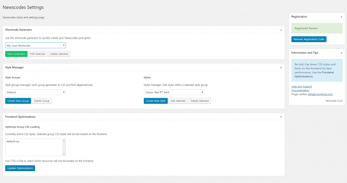 Newscodes | One More Cup of Coffee The Newscodes Settings window showing the shortcode generator, style manager, and front-end optimization settings.