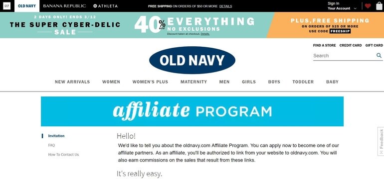 screenshot of the affiliate sign up page for Old Navy