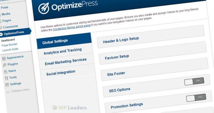 Optimize Press | One More Cup of Coffee The OptimizePress dashboard showing the global settings (that apply to each of your pages regardless of its separate design), analytics and tracking, e-mail marketing services, and social integration features.