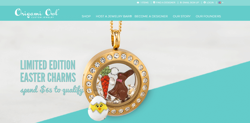 Origami Owl website screenshot showing one of the Living Lockets with various Easter charms. 