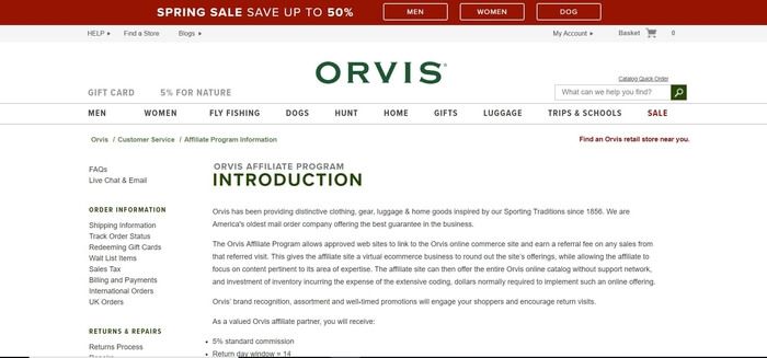 screenshot of the affiliate sign up page for Orvis