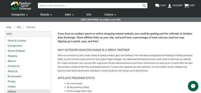 screenshot of the affiliate sign up page for Outdoor Gear Exchange