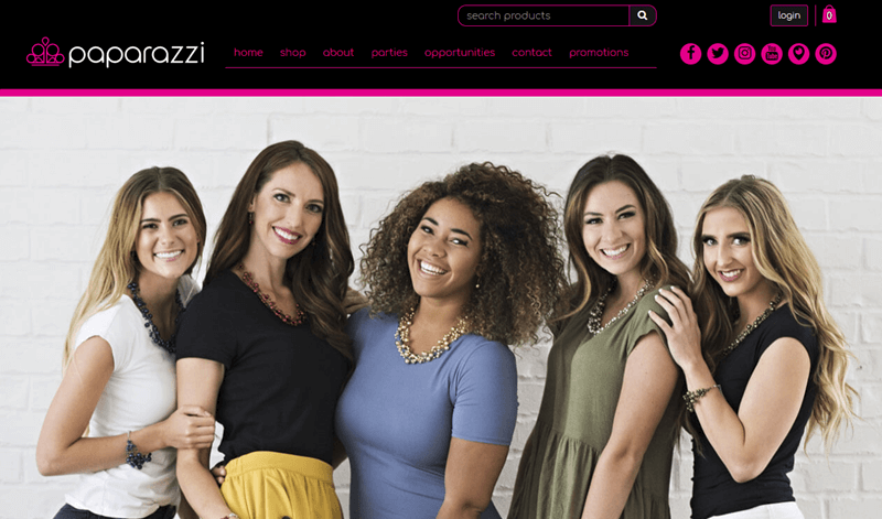 Paparazzi website screenshot showing five women facing the camera and wearing jewelry. 