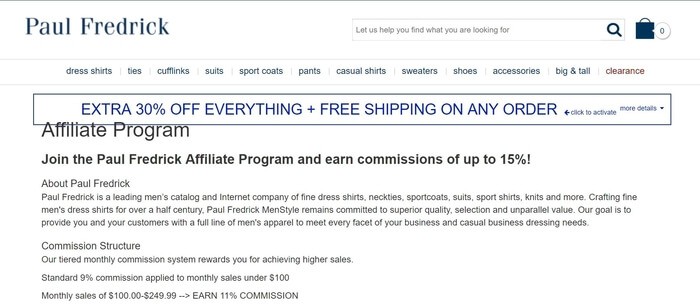 screenshot of the affiliate sign up page for Paul Fredrick