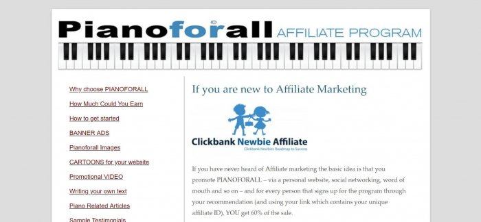 screenshot of the affiliate sign up page for Pianoforall