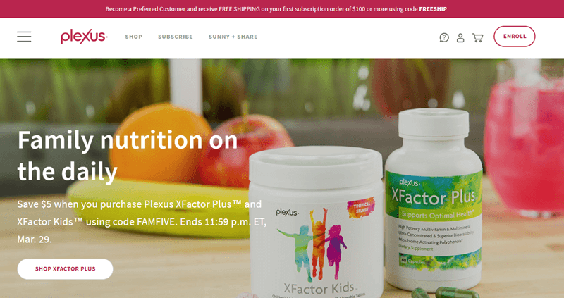 Plexus website screenshot highlighting their family nutrition concept, along with the XFactor Plus and XFactor Kids products. 