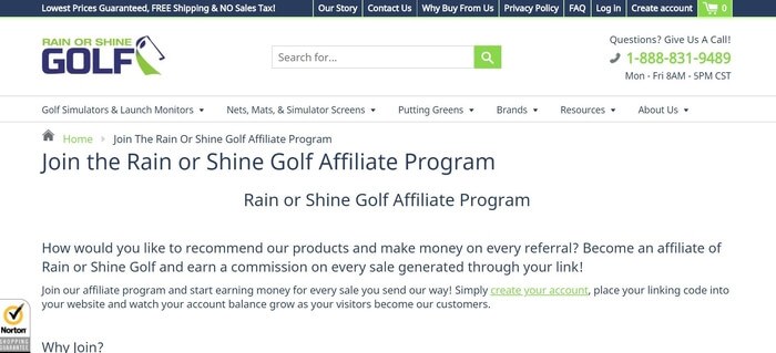 screenshot of the affiliate sign up page for Rain or Shine Golf