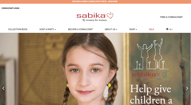 Sabika website screenshot showing a young girl in pigtails looking at the camera and smiling. 