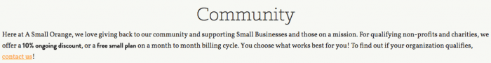 a small orange screenshot of community slogan | One More Cup of Coffee Image showing that A Small Orange Supports Non-Profit and Charities