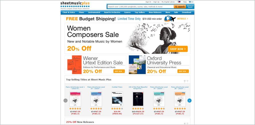 screenshot of Sheet Music Plus web page