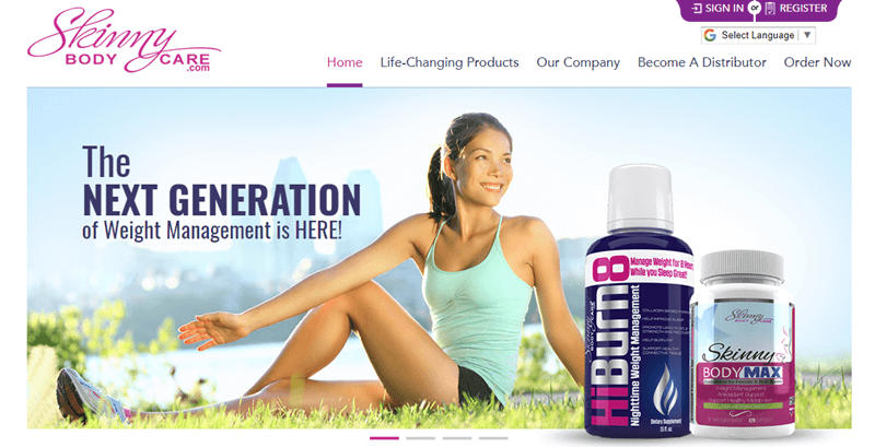 Skinny Body Care website screenshot showing a young woman sitting outside with two products from the company on the grass. 