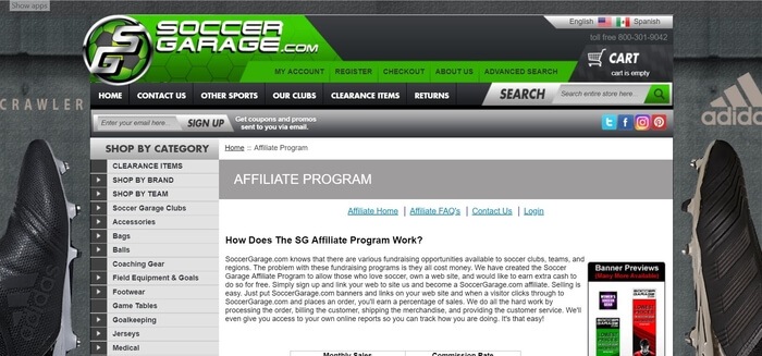 screenshot of the affiliate sign up page for Soccer Garage