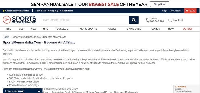 screenshot of the affiliate sign up page for SportsMemorabilia.com