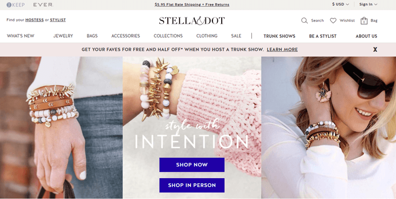 Stella & Dot website screenshot showing three different views of a set of bracelets. 