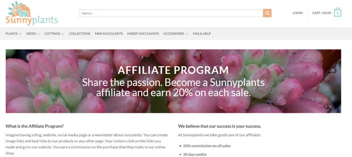 Sunnyplants website screenshot showing a closeup image of succlulents with details of the affiliate program