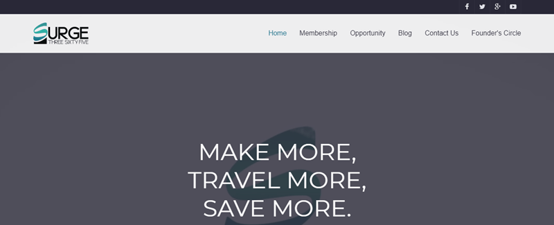 Surge 365 website screenshot, featuring a gray background and the words ‘make more, travel more, save more’. 