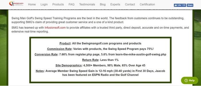 screenshot of the affiliate sign up page for Swing Man Golf