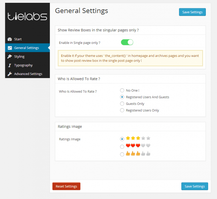 The general settings inside the Taqyeem dashboard, including the permission and ratings image settings. 