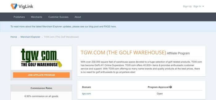 screenshot of the affiliate sign up page for The Golf Warehouse