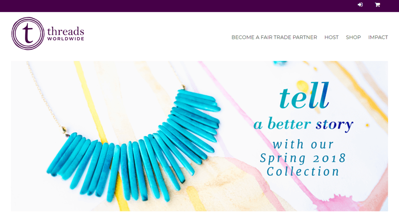 Threads Worldwide screenshot featuring a blue necklace and the phrase ‘tell a better story’. 