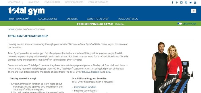 screenshot of the affiliate sign up page for Total Gym