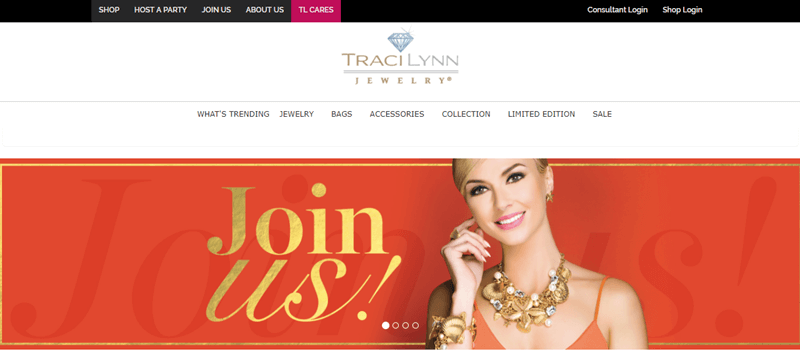 Traci Lynn Jewelry website screenshot showing a blonde woman against an orange background with the words ‘Join us!’ in gold. 