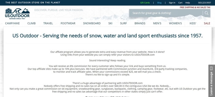 screenshot of the affiliate sign up page for US Outdoor