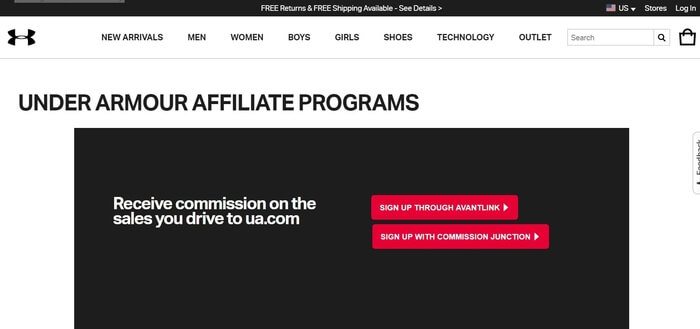 screenshot of the affiliate sign up page for Under Armour