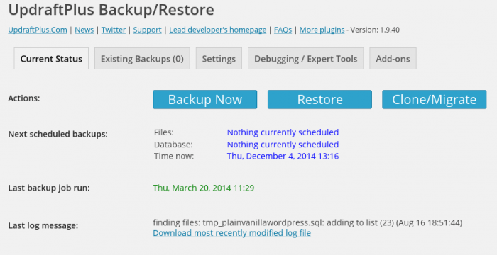 The UpdraftPlus "Backup/Restore" tab where you can start backup, restoration, or migration process with a single click. It also shows the scheduled backups, latest backups, etc.