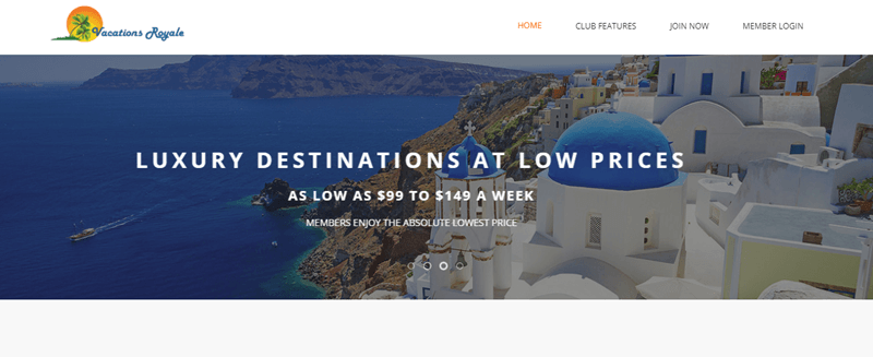 Vacations Royale website screenshot shows an image of a Greek city, overlaid with information about luxury destinations at low prices. 