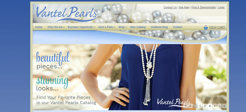 Vantel Pearls website screenshot showing a woman in a blue shirt wearing a detailed pearl necklace. 