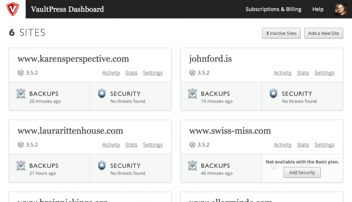 The VaultPress dashboard showing 6 websites, and for each website it shows the time since the latest backup and the security status for that website.