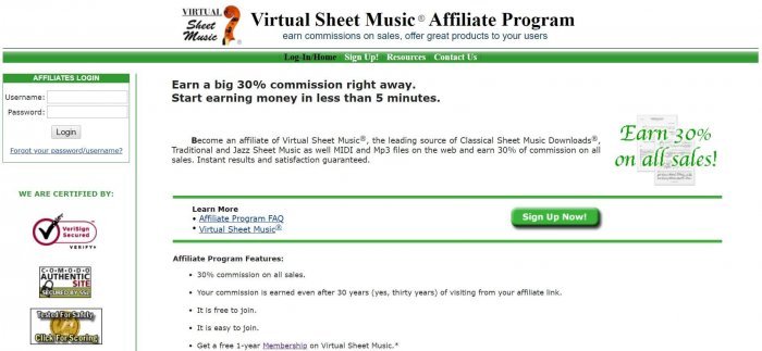 screenshot of the affiliate sign up page for Virtual Sheet Music