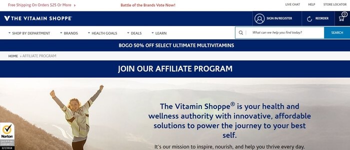 screenshot of the affiliate sign up page for Vitamin Shoppe