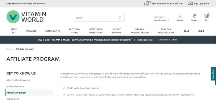 screenshot of the affiliate sign up page for Vitamin World
