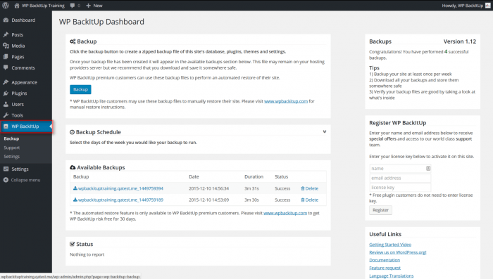 The BackItUp Dashboard as it appears inside the regular WP dashboard. The dashboard the backup and scheduling options, as well as the backups that are already available and the status box that provides you with reports about your backups.