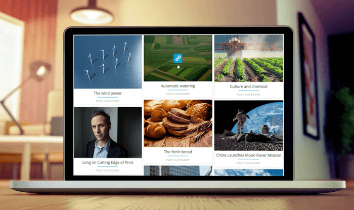 WP-Latest-posts | One More Cup of Coffee A news feed as shown at the front-end. Each news item is inside a box that includes an image, the title, and the category of the item.