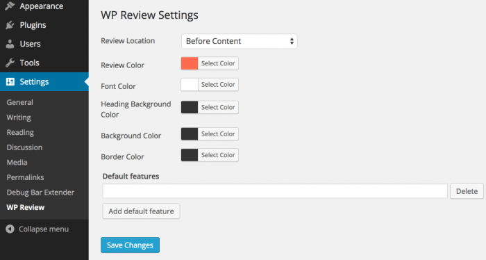 WP Review The WP Review settings tab showing the color options, structure, and features that the plugin provides.