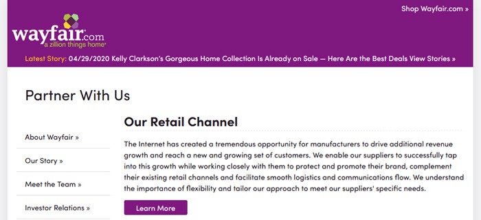 A screenshot of the Wayfair site showing a purple header and buttons, along with black text