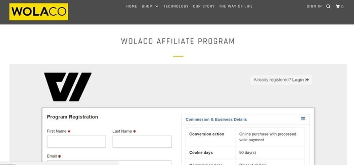 screenshot of the affiliate sign up page for Wolaco