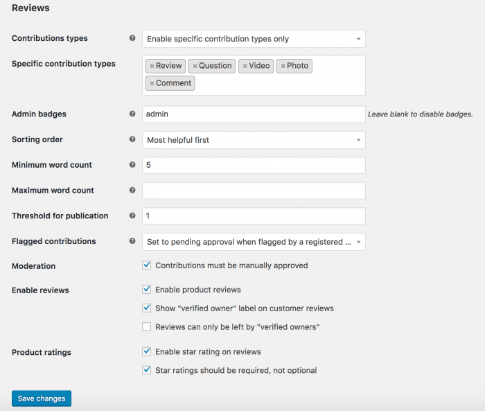 The review settings available by the WooCommerce Reviews plugin, including contribution types, sorting order, word count, moderation, and various other things.