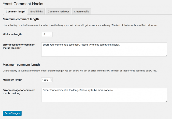 The Yoast Comment Hacks settings for comment length. It allows you to decide the minimum and maximum length for comments, and the error message that would appear in case of non-compliance to either limit. 