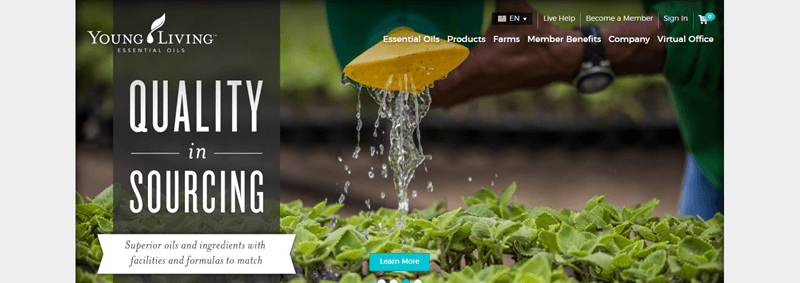 Young Living website screenshot showing a man watering plants outside, with the words ‘Quality in Sourcing’ on the left hand side. 