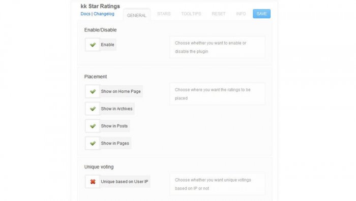 The general settings available inside the kk Star Ratings plugin.