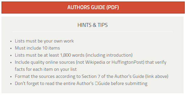 Writers see this image of "Hints & Tips" further down on the "Submit A List" page.