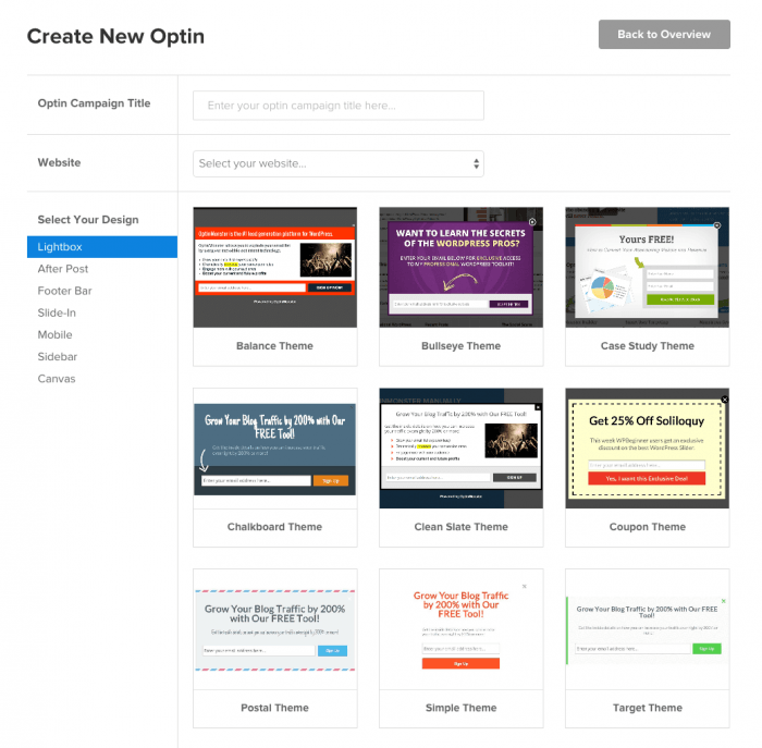 A display of the plugin's pre-made opt-in templates that you can use on the drag-and-drop builder to create your own opt-ins.